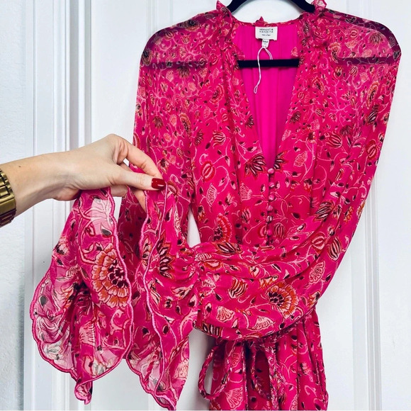 Hemant and Nandita Nara Tulip Pink Floral Romper Playsuit Long Sleeve.over-Up XS - Picture 8 of 14